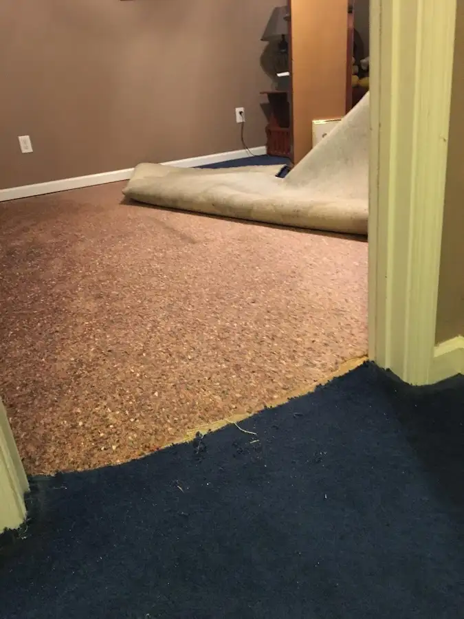 Carpet pad removal revealing water damage during Drying & Dehumidification in Mauldin